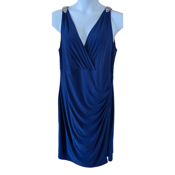 Navy Blue Evening Dress With Rhinestone Embellishments & Ruched Detail chic glam - Picture 3 of 10